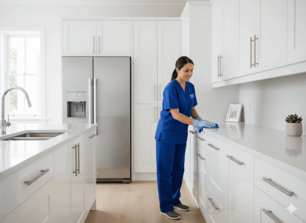 Professional move-out cleaning service deep cleaning kitchen cabinets in Metairie rental property