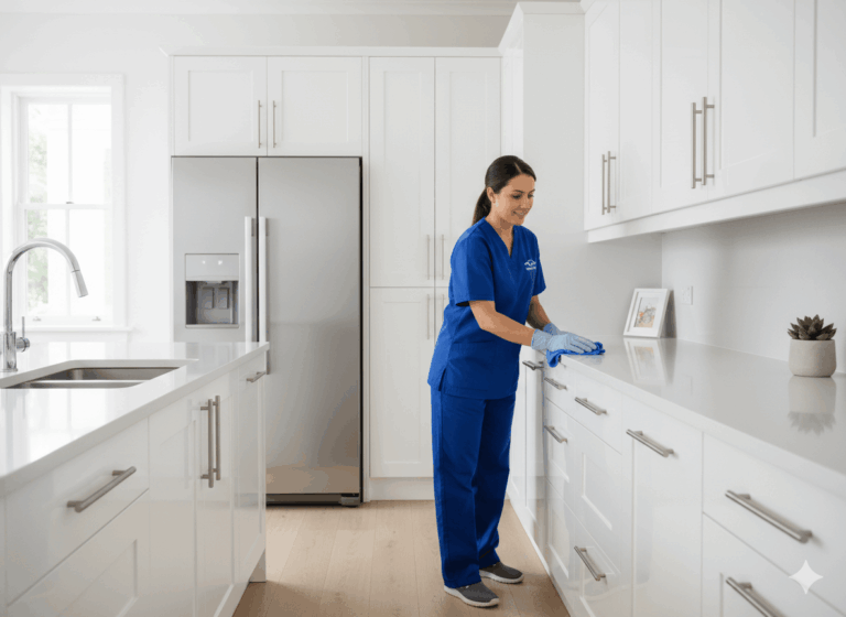 Professional move-out cleaning service deep cleaning kitchen cabinets in Metairie rental property