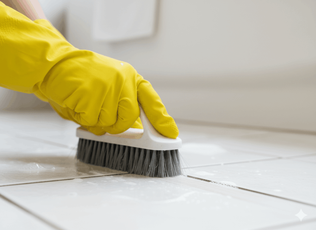 Deep cleaning bathroom grout and tiles for move-out inspection in Louisiana rental home