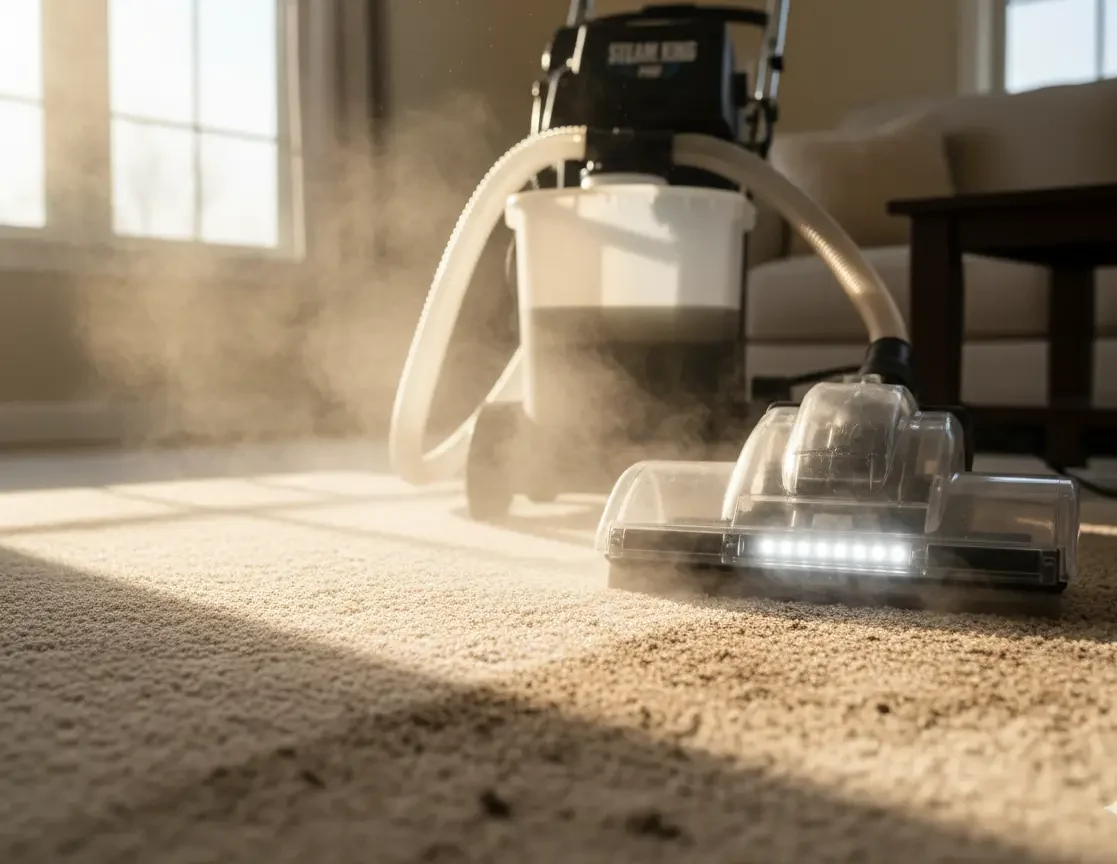 Professional carpet cleaning removing red clay stains and allergens in Greensboro NC home